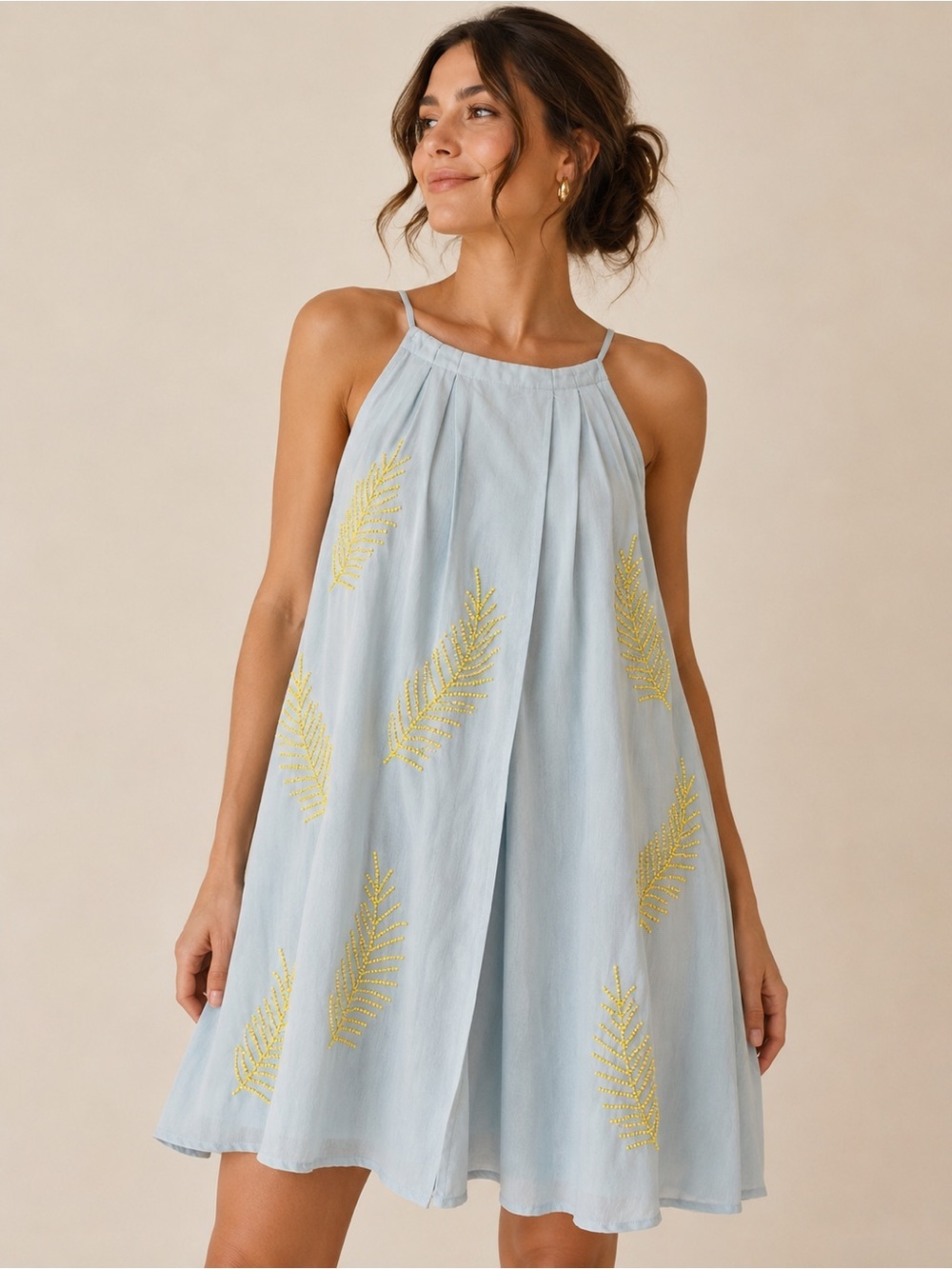 Ciebon Beaded Palm Leaf Swing Dress Sky Blue Resort Vacation Halter L
